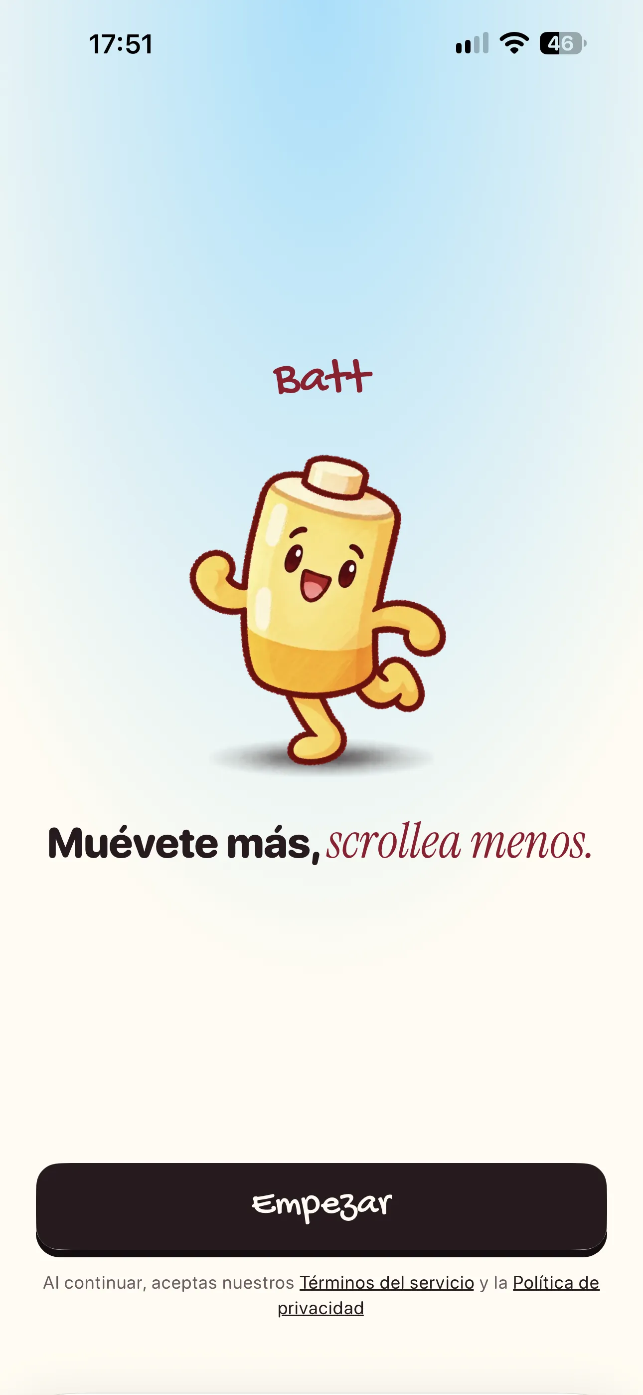 Pantalla de bienvenida de Batt: la batería mascota y el lema «Muévete más, scrollea menos»